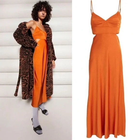A.L.C. Blakely Cut Out Midi Dress in Rust Orange Size 10 Satin Flaw - Picture 5 of 14
